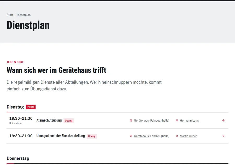 Der Dienstplan der Feuerwehr Musterbach: die Übungen mit Wochentag, Uhrzeit und Ort