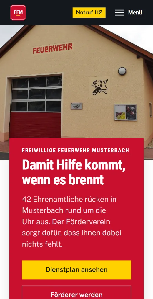 Startseite der Website von Feuerwehr Musterbach (Handy)