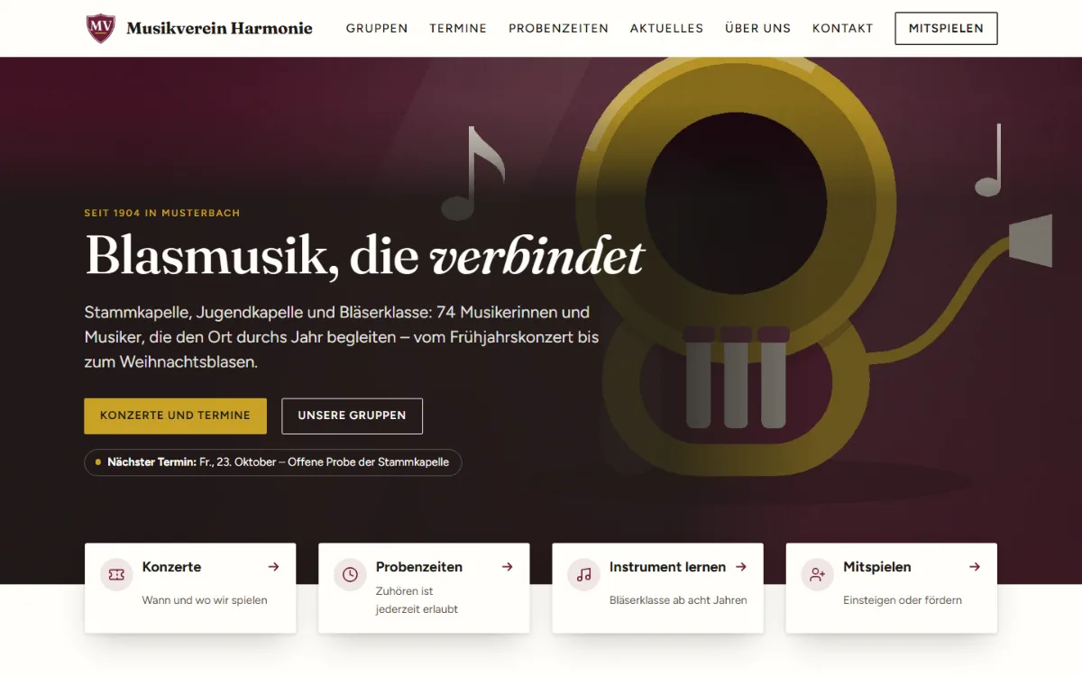 Startseite der Website von Musikverein Harmonie