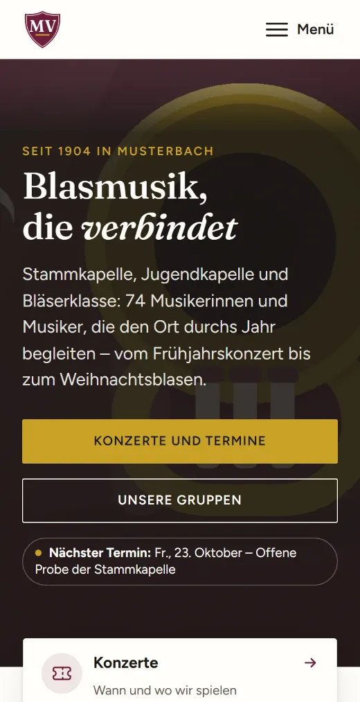 Startseite der Website von Musikverein Harmonie (Handy)