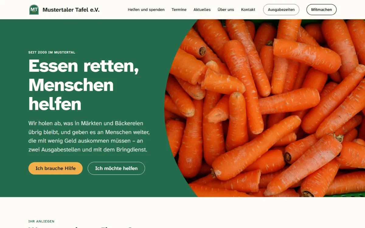 Startseite der Website von Mustertaler Tafel e.V.