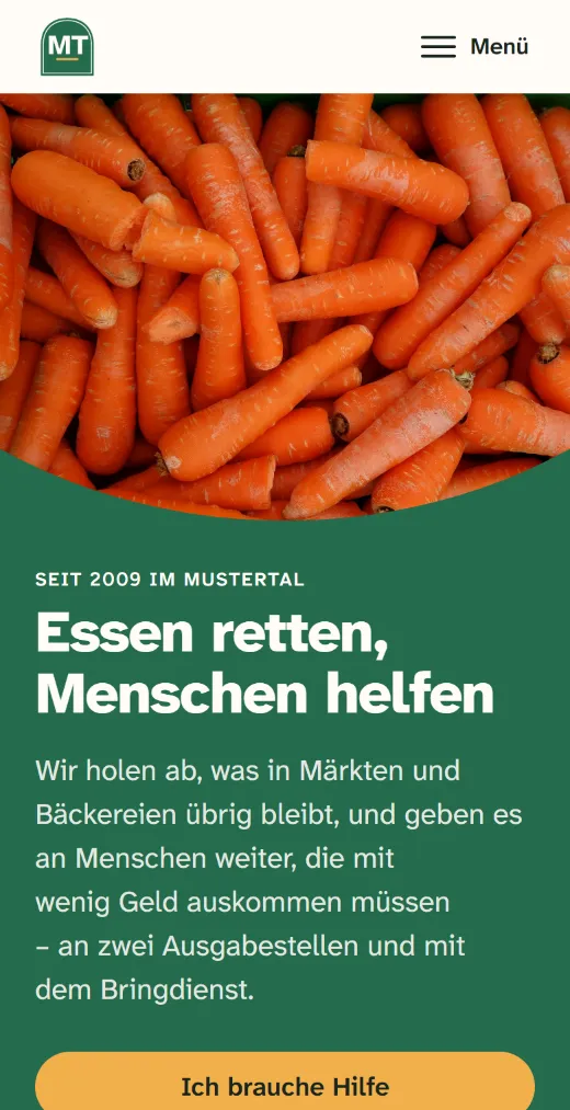 Startseite der Website von Mustertaler Tafel e.V. (Handy)