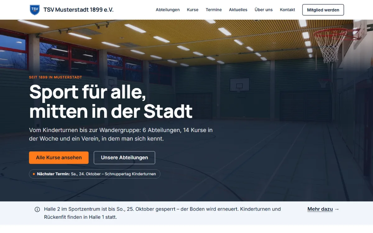 Startseite der Website von TSV Musterstadt 1899 e.V.