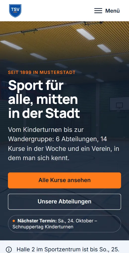 Startseite der Website von TSV Musterstadt 1899 e.V. (Handy)
