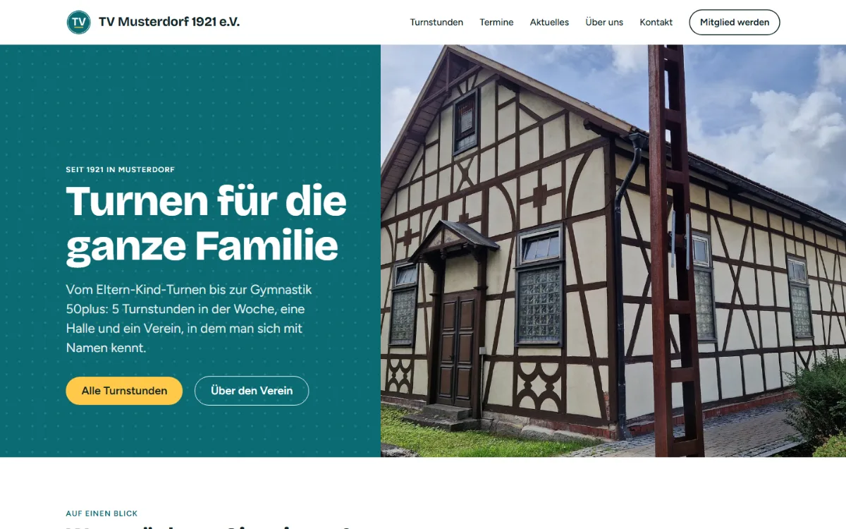 Startseite der Website von TV Musterdorf 1921 e.V.