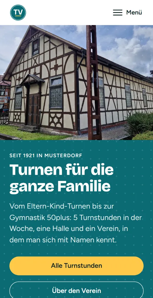 Startseite der Website von TV Musterdorf 1921 e.V. (Handy)